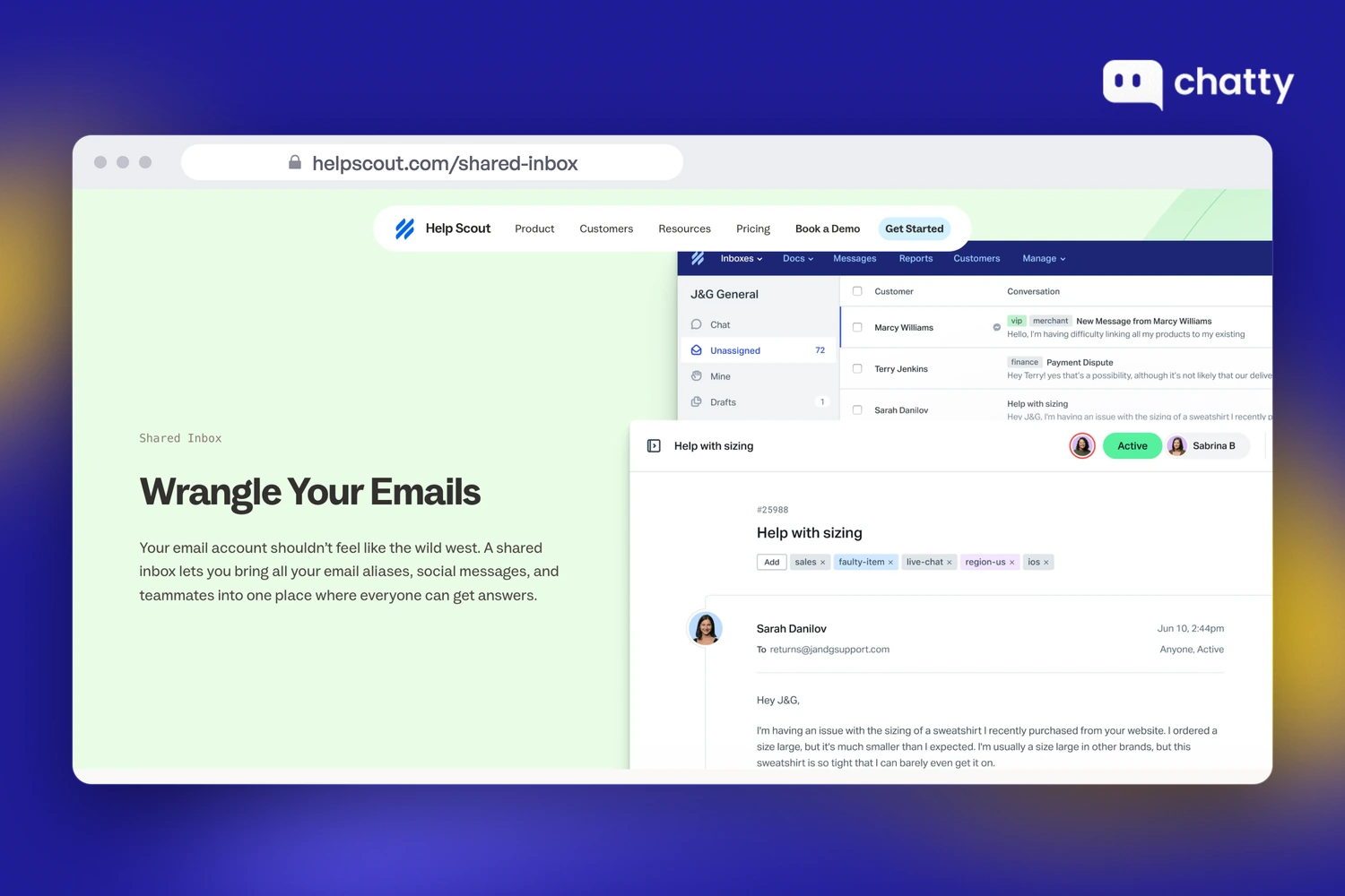 Help Scout shared inbox page showing one team mailbox with Unassigned and Mine folders, tags and an assignee on each conversation