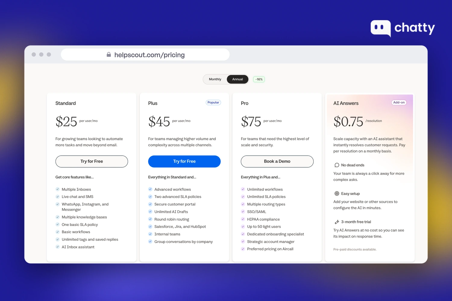 Pricing page of Help Scout at helpscout.com, billed per user with Standard at $25 per user per month on annual billing and AI Answers at $0.75 per resolution