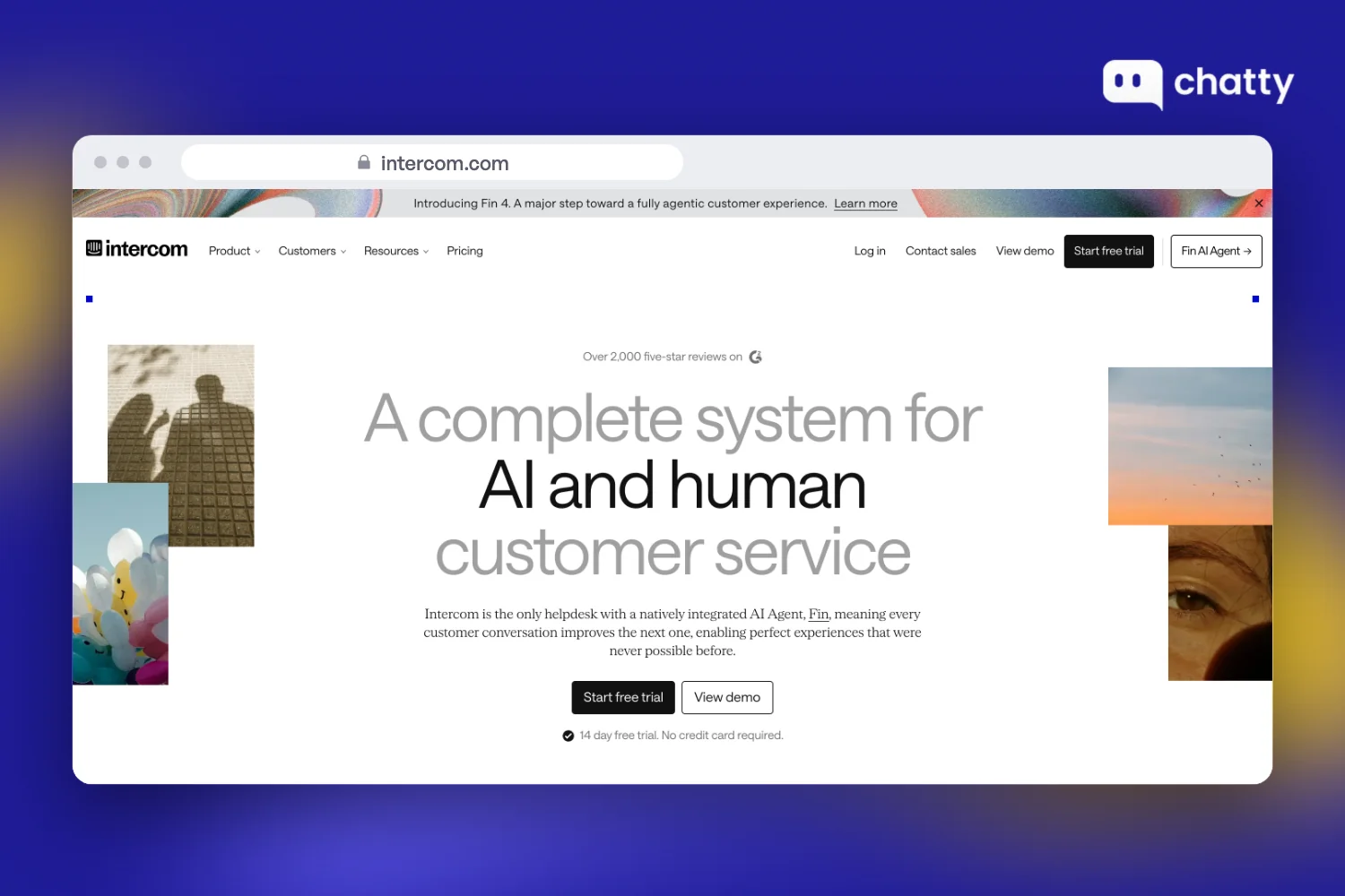 Homepage of Intercom at intercom.com, featuring its Fin AI agent
