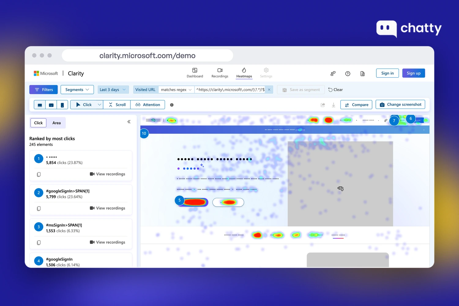 Click heatmap on Microsoft Clarity's public demo, with page elements ranked by most clicks