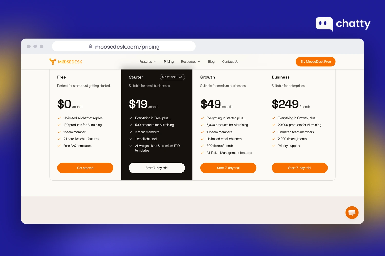 Pricing page of MooseDesk at moosedesk.com/pricing, showing the Free plan at $0 with unlimited AI chatbot replies and 1 team member, next to Starter at $19 with 1 email channel