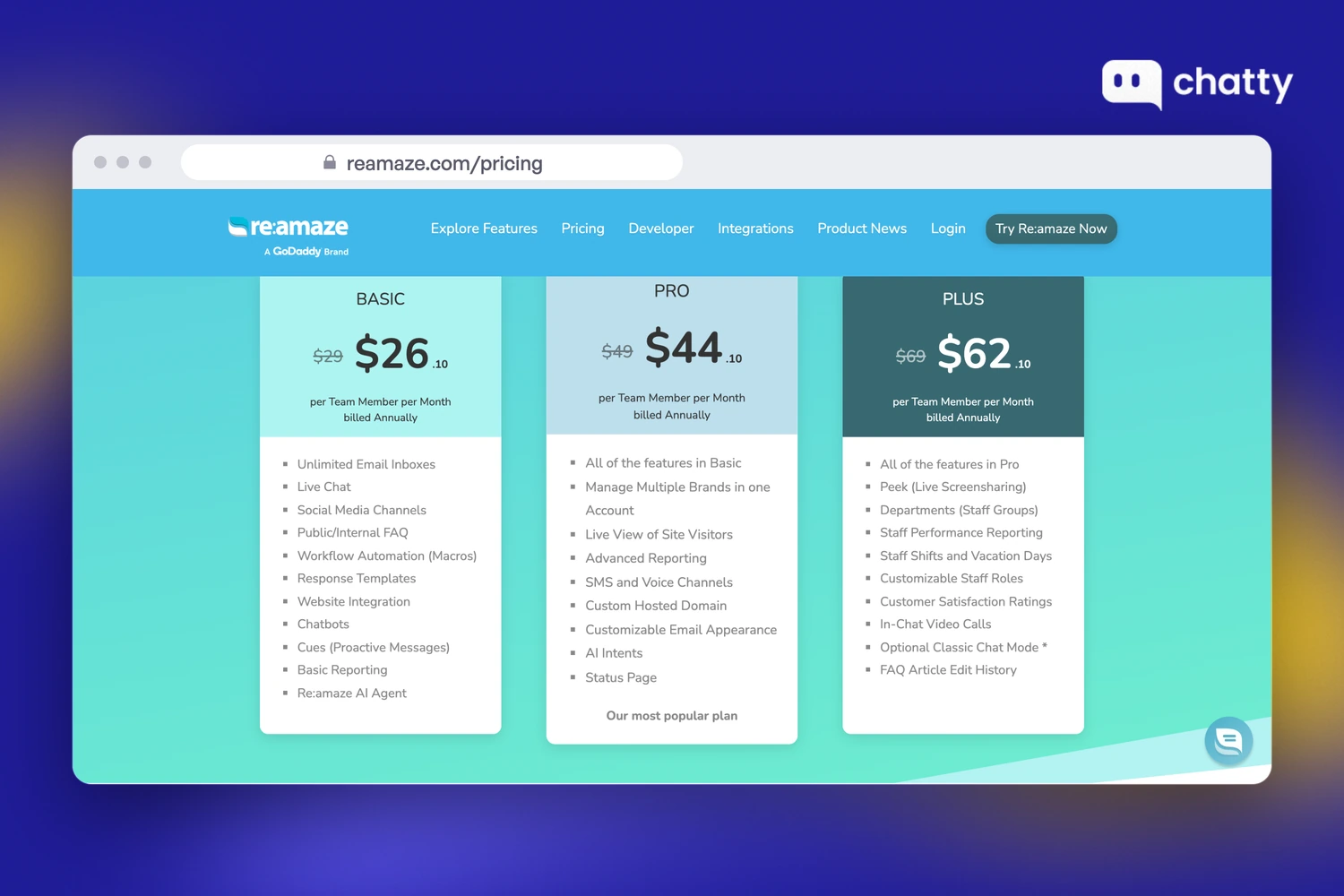 Pricing page of Re:amaze at reamaze.com/pricing, showing Basic at $26.10 per team member a month billed annually, down from $29, with live chat, email inboxes and macros