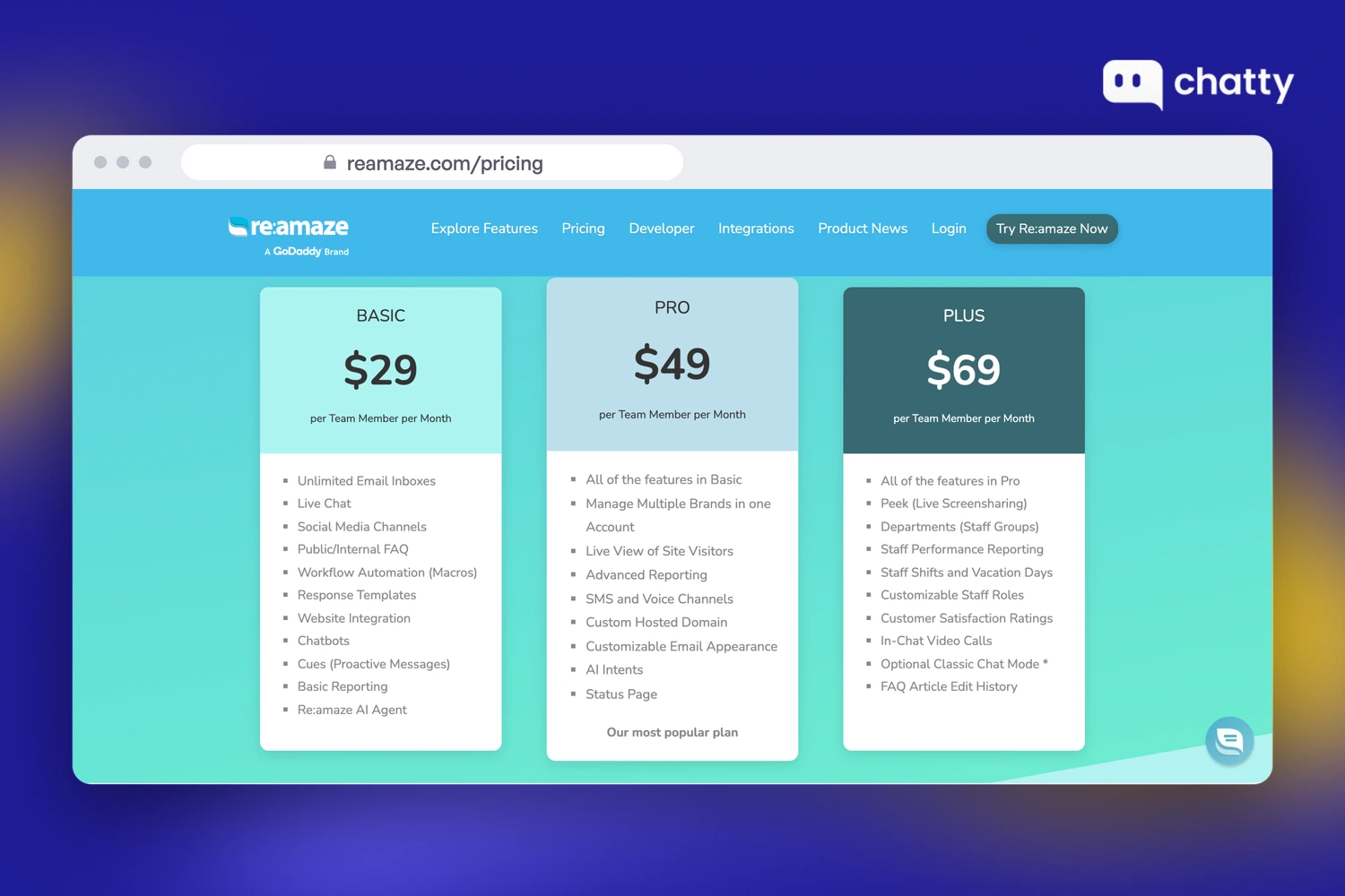 Pricing page of Re:amaze at reamaze.com, billed per team member with Basic at $29 per team member per month on monthly billing