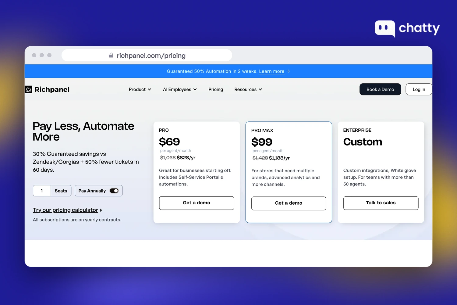 Pricing page of Richpanel at richpanel.com, billed per agent seat on yearly contracts with Pro at $69 and Pro Max at $99 per agent per month