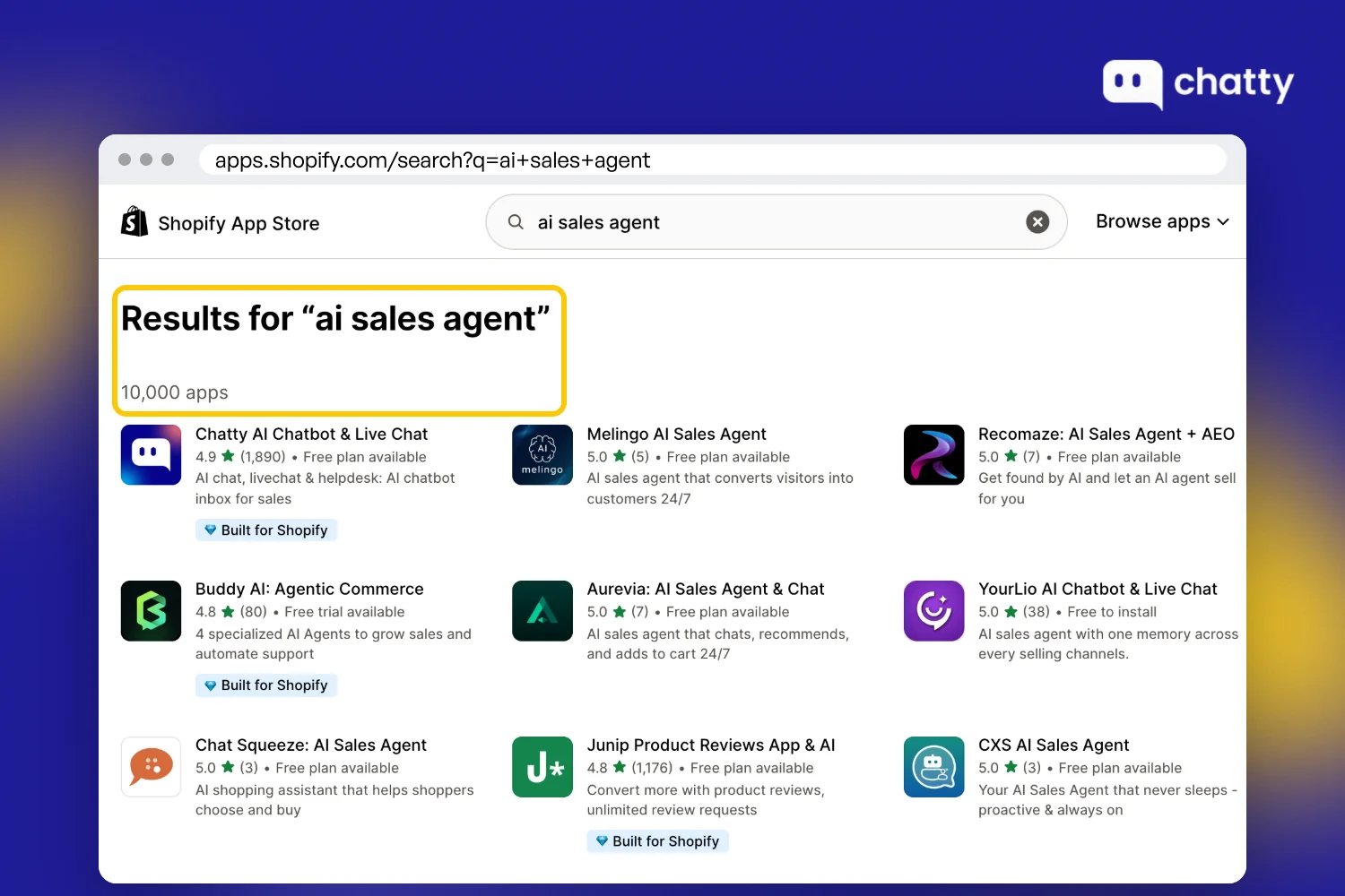 Shopify App Store search results for ai sales agent, where many chat apps use the AI sales agent label in their names and descriptions
