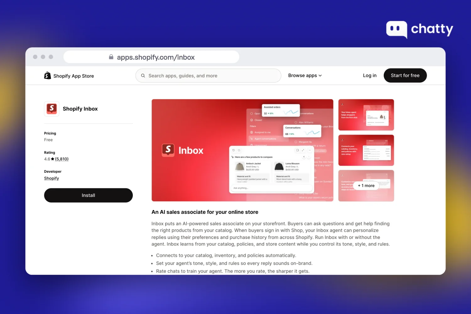 Shopify App Store listing of Shopify Inbox, an AI sales associate for the online store