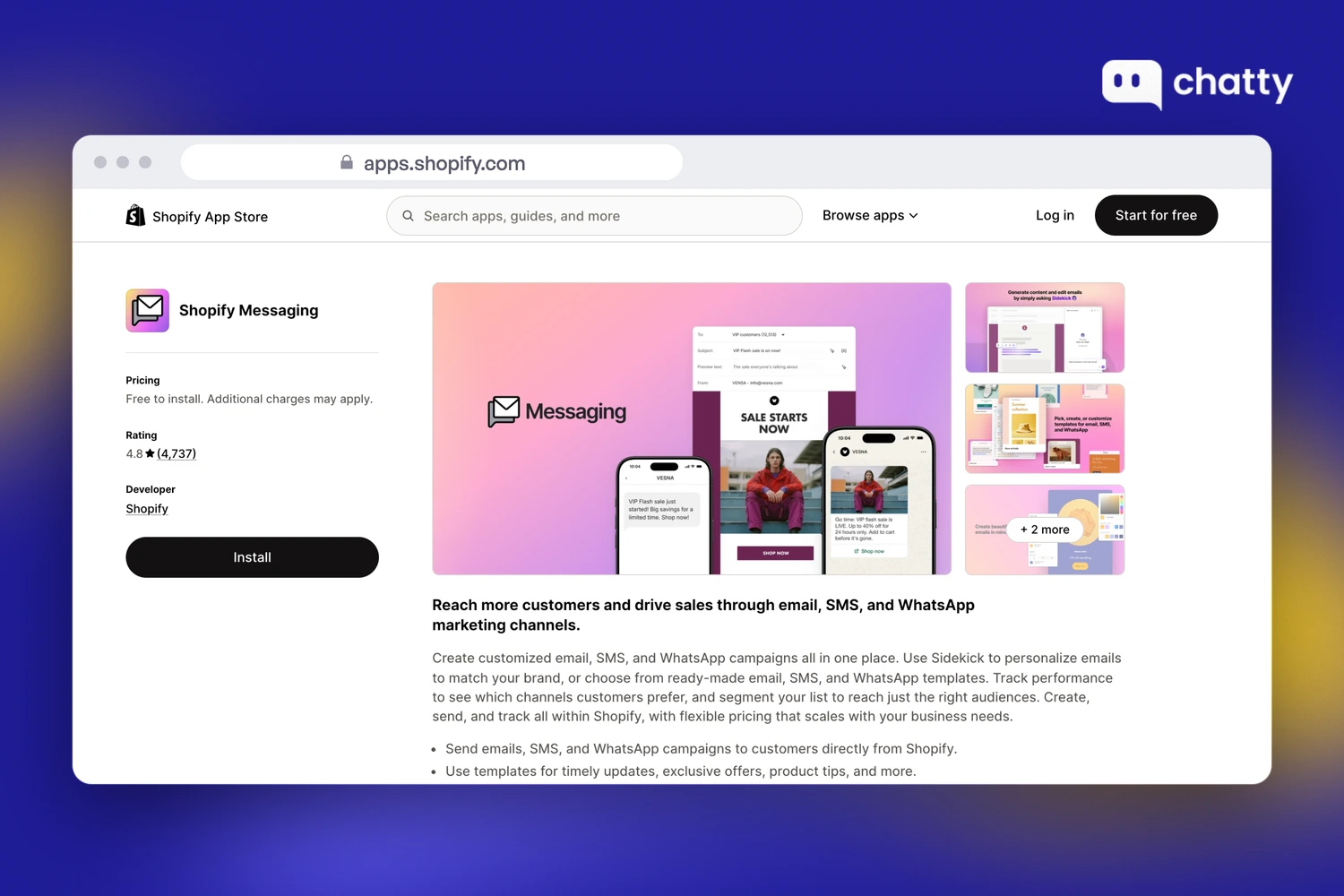 Shopify Messaging listing on the Shopify App Store, read 27 October 2026