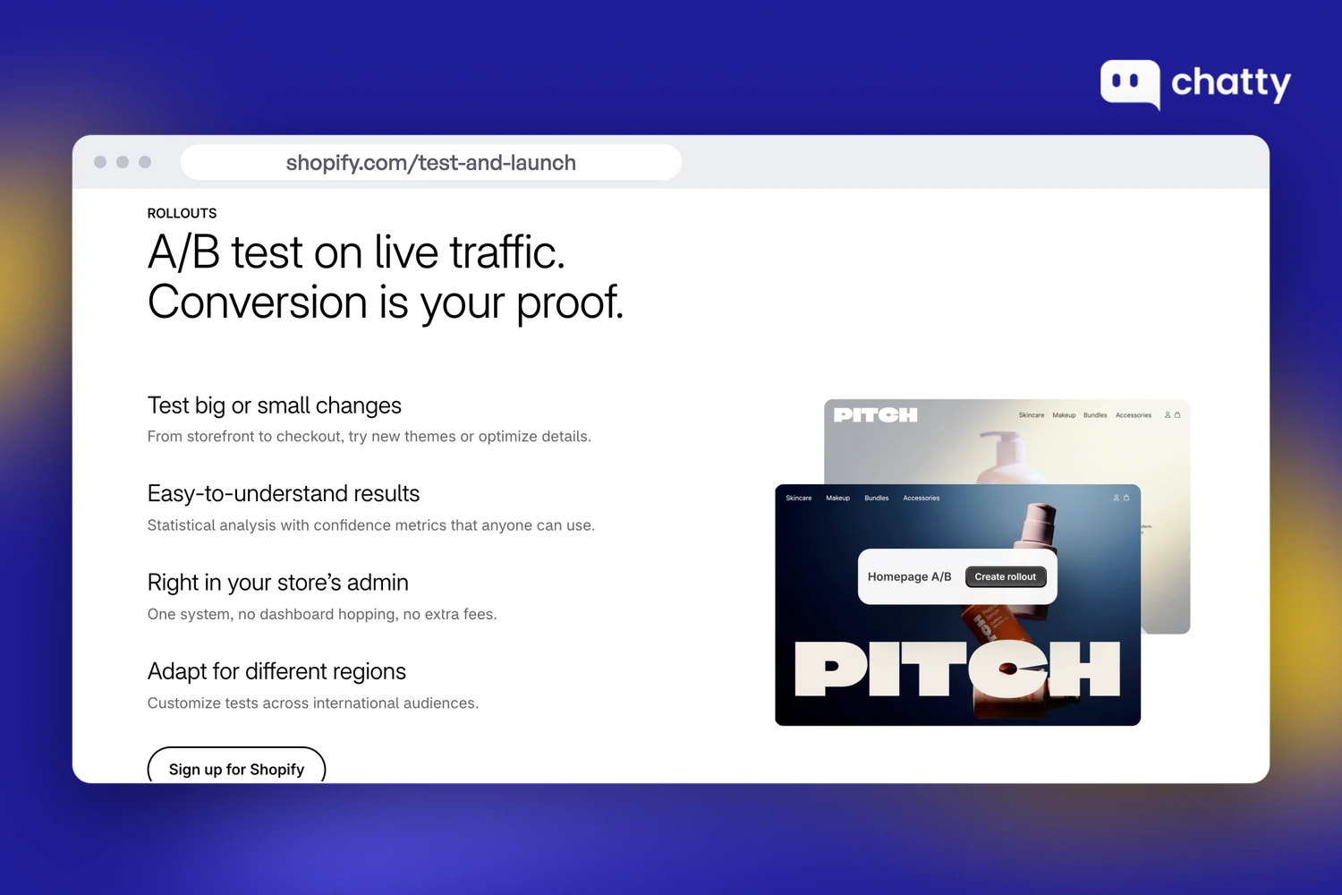 Shopify test and launch page showing Rollouts for A/B tests on live traffic inside the store's admin