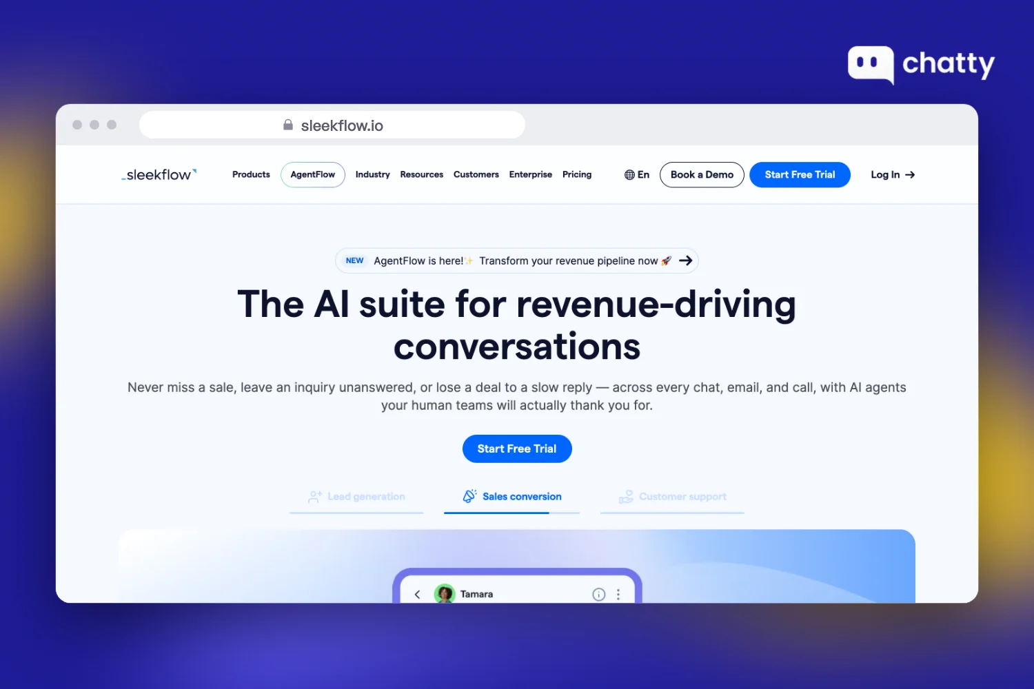 Homepage of SleekFlow at sleekflow.io, an AI suite for WhatsApp and social selling