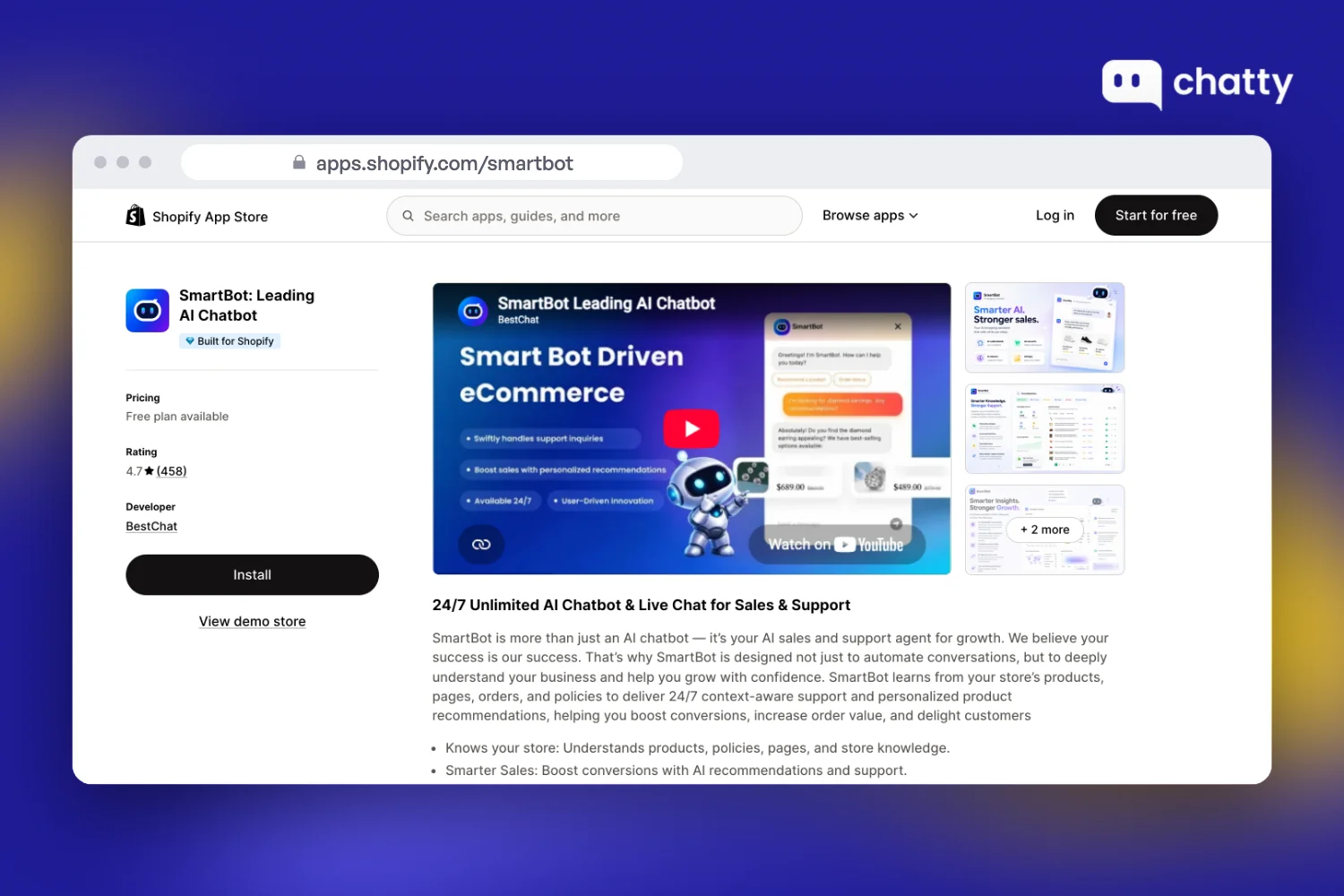 Shopify App Store listing of SmartBot by BestChat, an AI chatbot for Shopify
