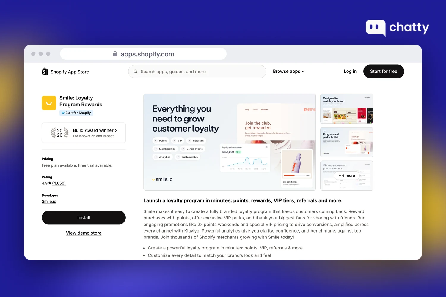 Smile loyalty program listing on the Shopify App Store, read 27 October 2026