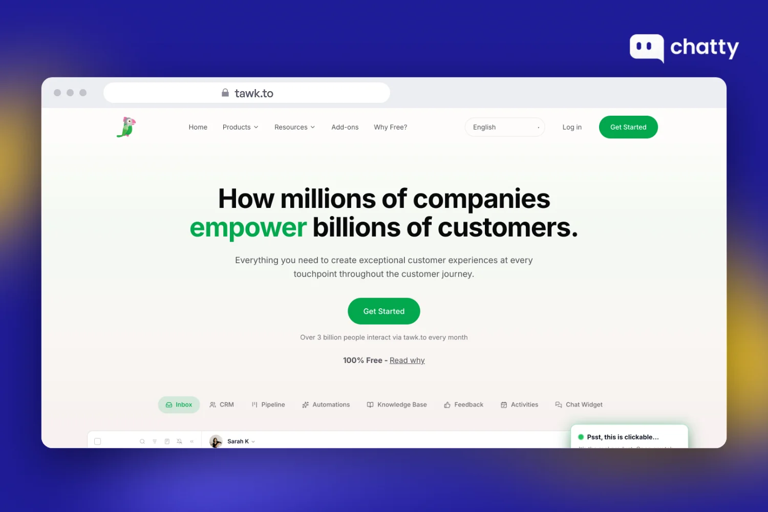 Homepage of tawk.to, a free live chat app