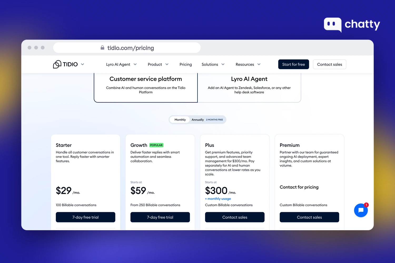 Pricing page of Tidio at tidio.com, billed by billable conversations with Starter at $29 a month for 100 and Growth from $59 a month for 250