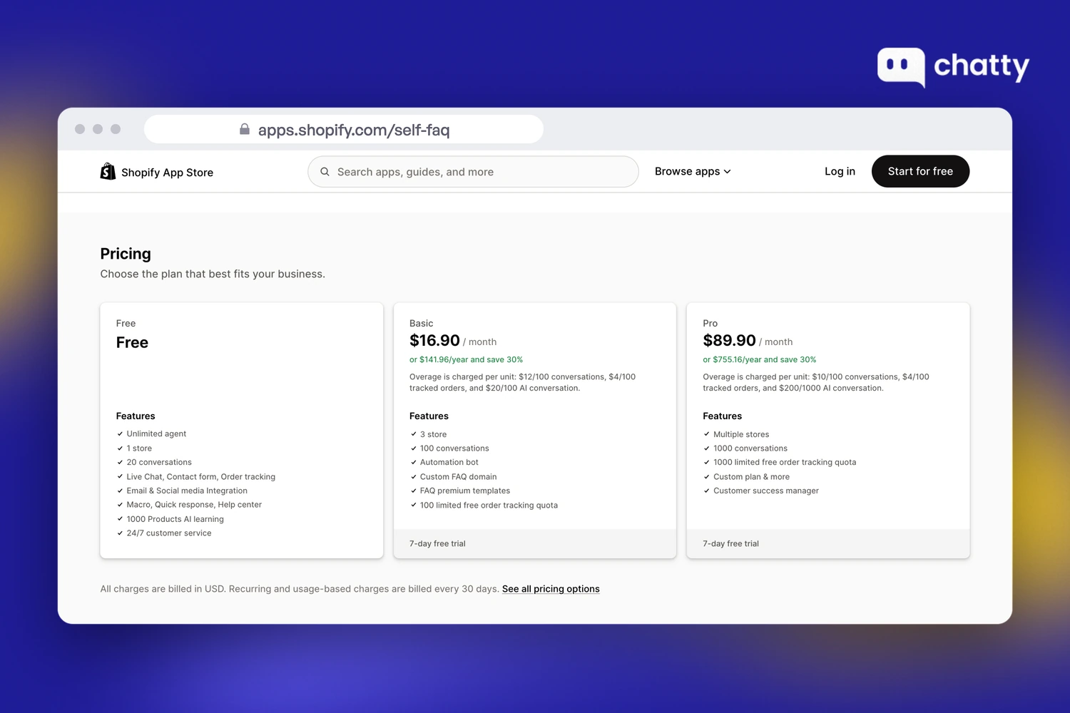 Pricing section of Willdesk at apps.shopify.com/self-faq, showing the Free plan with unlimited agents, 1 store and 20 conversations, next to Basic at $16.90 a month with $12 per extra 100 conversations