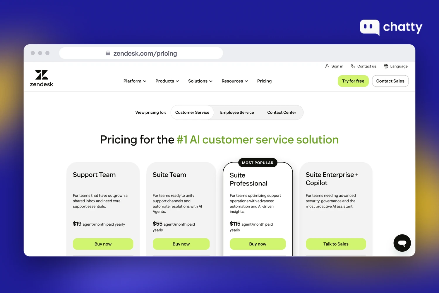 Zendesk pricing page for Customer Service showing Support Team at $19 per agent per month paid yearly, Suite Team at $55, Suite Professional at $115 and Suite Enterprise plus Copilot through sales
